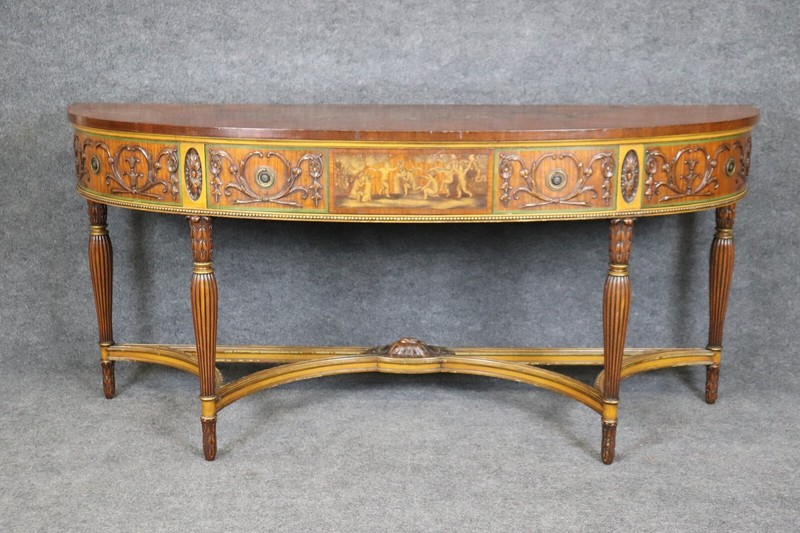 Extremely Large Satinwood Adams Painted Decorated Demilune Console Sideboard