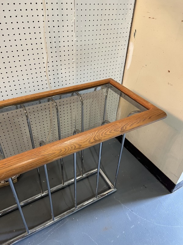 Mid Century Modern Milo Baughman Style Smoked Glass Console Table gallery