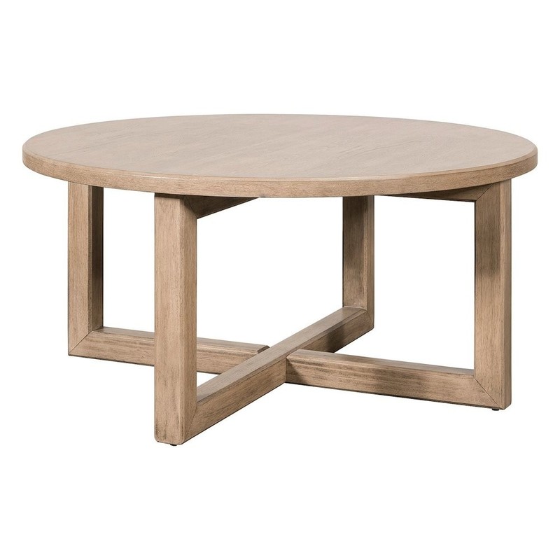 Living Room Round Cocktail Table Center Trestle - Barley Buff Birch Wood gallery