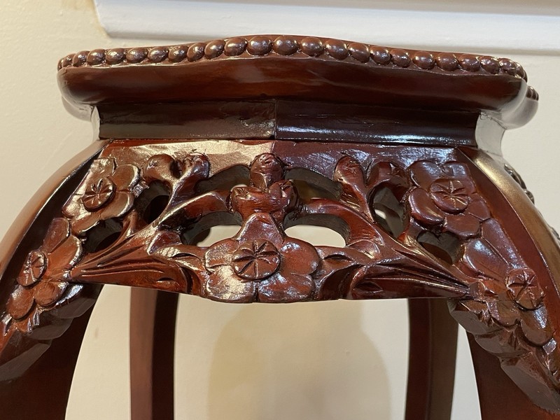 VTG Mid Century Chinoiserie Carved Wood Marble Top Plant Stand Pedestal Table gallery