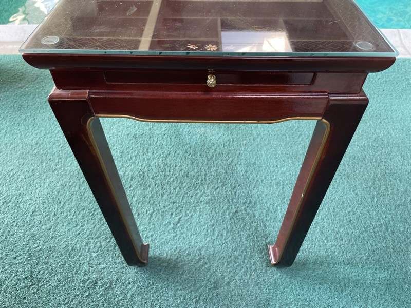 Hand-Painted Chinoiserie Red Lacquered Side Table With Pull Out Trays gallery
