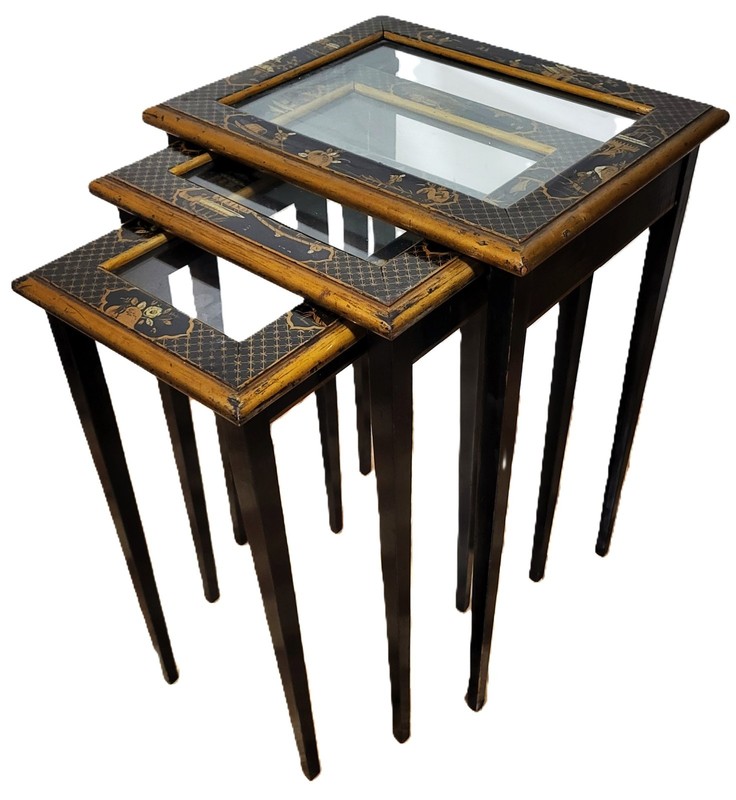 Set of 3 Vintage 20th C ENGLISH REGENCY Style CHINOISERIE Stack NESTING TABLES