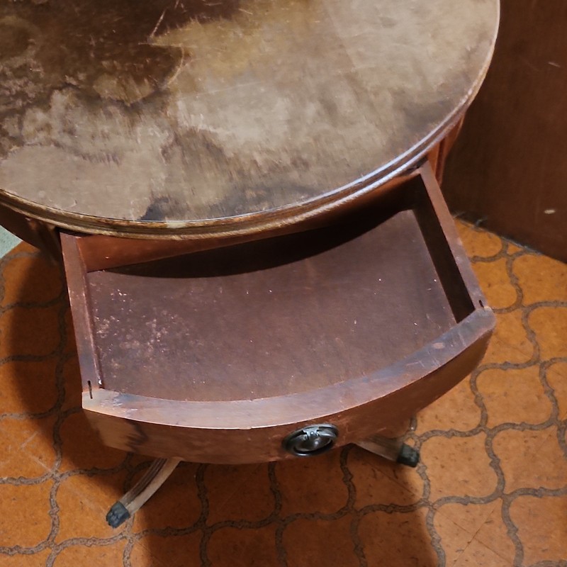 Antique Round Wood Side Table with Drawer, Single Pedestal, Brown gallery