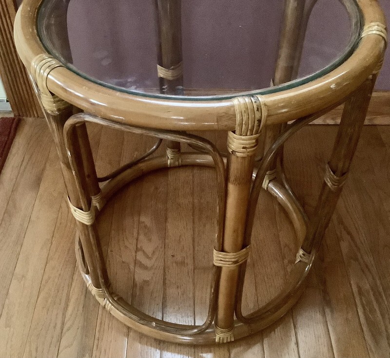 Vintage Rattan Bamboo Round Side End Table Glass Top MCM Tiki Boho Drum gallery