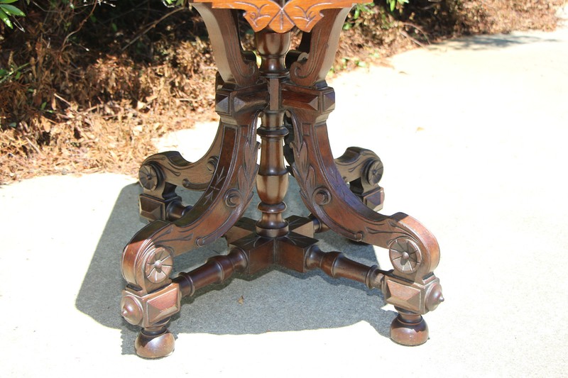 Large Fancy Walnut Victorian Marble Top Table with Ornate Stretcher Base Ca.1870 gallery