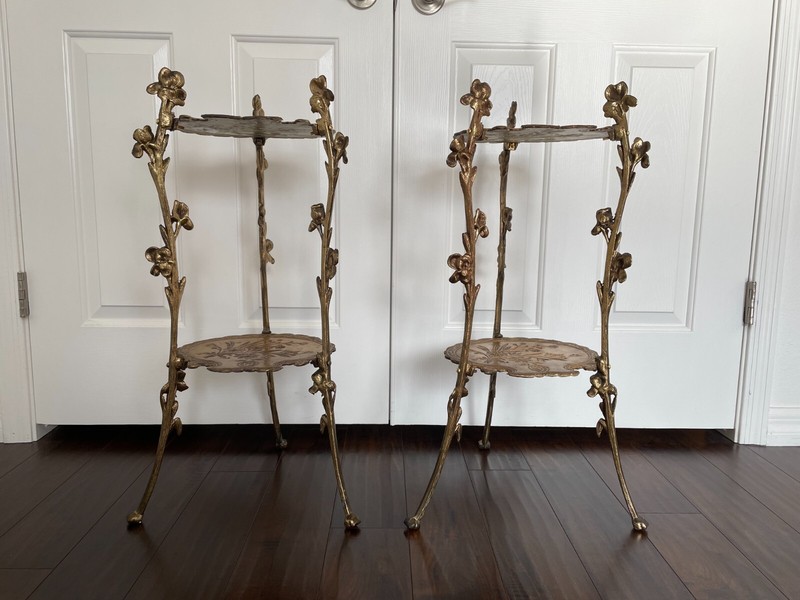 Pair Antique Art Nouveau Two Tier Brass Floral Side Tables – Plant Stands
