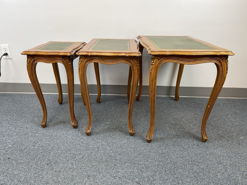 3 Nesting Elegant Rococo Side Tables England Green Leather Inlay Walnut Wood gallery