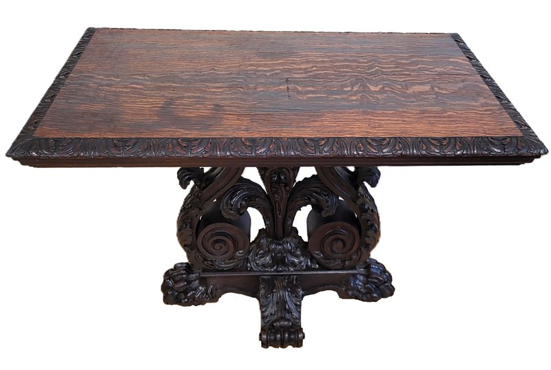 Antique AMERICAN Carved OAK Fleur-De-Lis Base RENAISSANCE LIBRARY Center TABLE