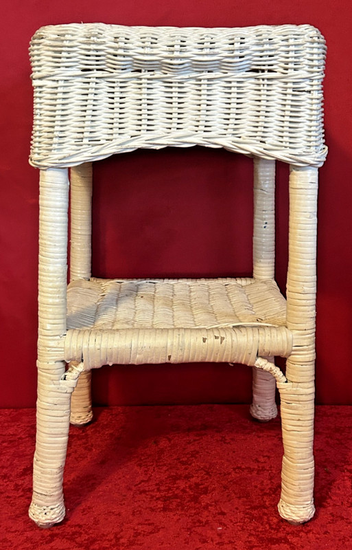 Vintage Wicker Rattan Plant Stand Side Table Square White 12″x12″x21″