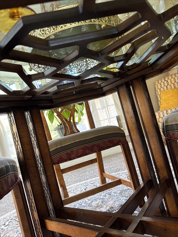 DREXEL HERITAGE CHINESE CHIPPENDALE GLASS OCTAGON DINING TABLE W/ORIGINAL CHAIRS gallery