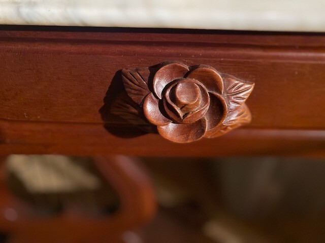 ANTIQUE HAND CARVED MAHOGANY ROSE LYRE HARP ITALIAN MARBLE ACCENT TABLE gallery