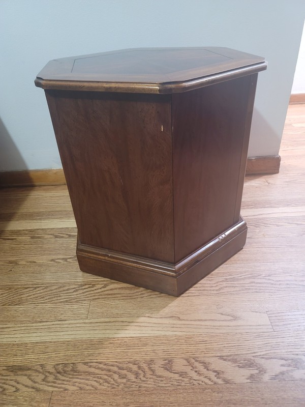 Mid-Century Hexagonal Drum Wood Side End Table With Storage gallery