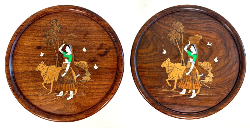 Anglo-Indian Faux Bamboo Rosewood Marquetry Pedestal Stand Table, a Pair gallery