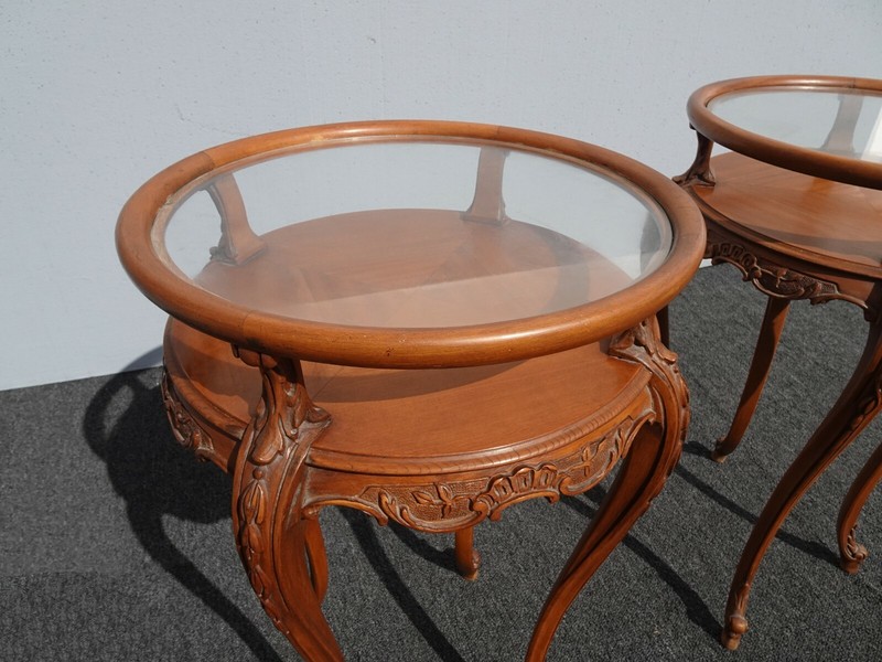 Vintage French Rococo Louis XVI Style Brown Ornately Carved Side Tables Two Tier gallery