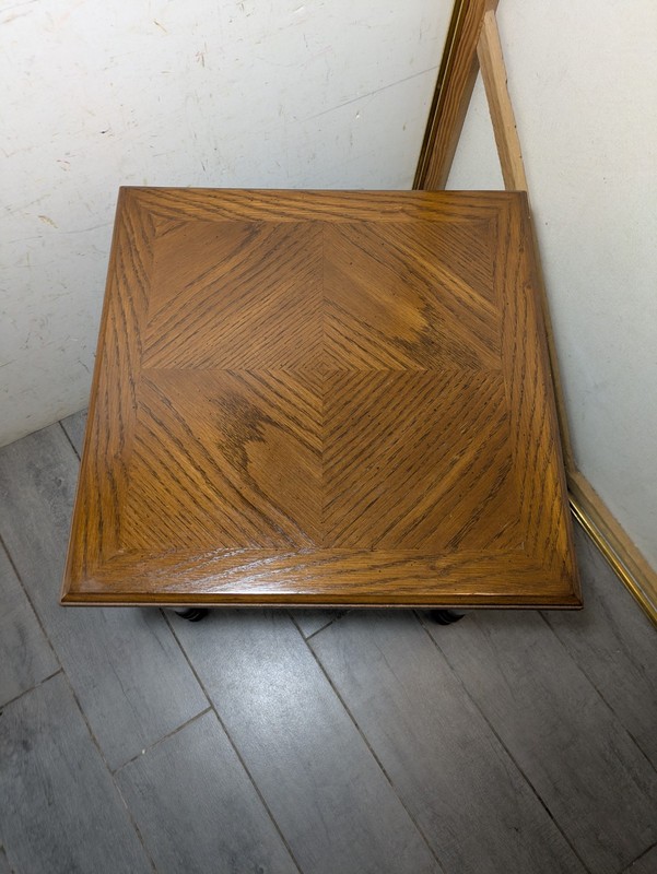 Vintage Rustic Country Parquet Oak Wood Small Side Table Plant Stand Turned Legs gallery