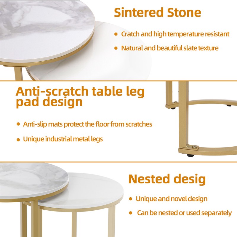 Sintered Stone Round Nesting End Table Set of 2 Sofa Side Table with Metal Frame gallery