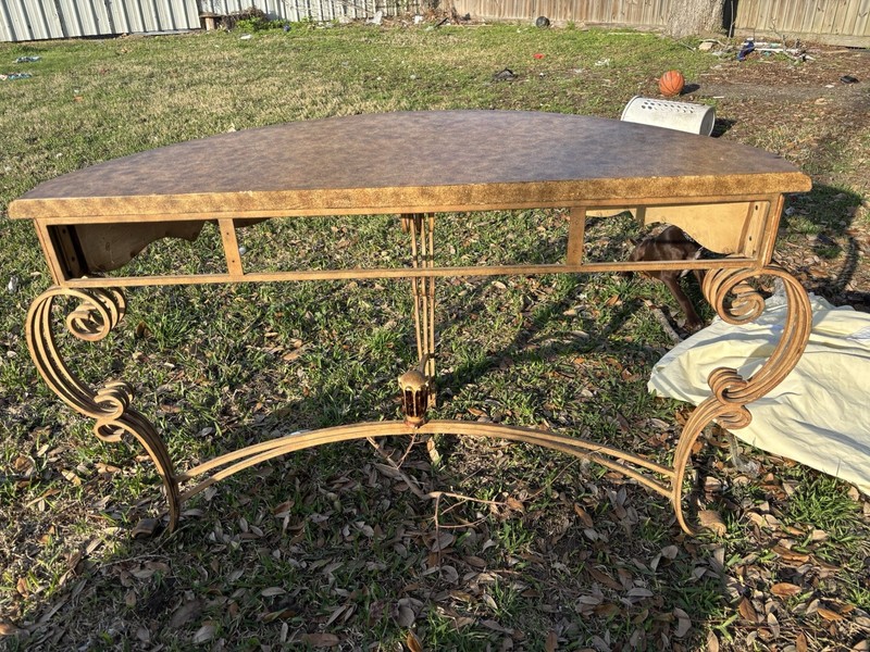 Victorian Antique Half Moon Accent Table Wood Top, Ornate Metal Legs, Carvings gallery