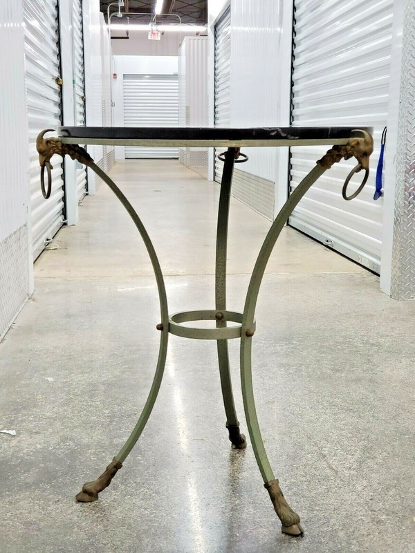VINTAGE NEOCLASSICAL MARBLE TOP STEEL RAMS HEAD TABLE WITH HAIRY PAW FEET
