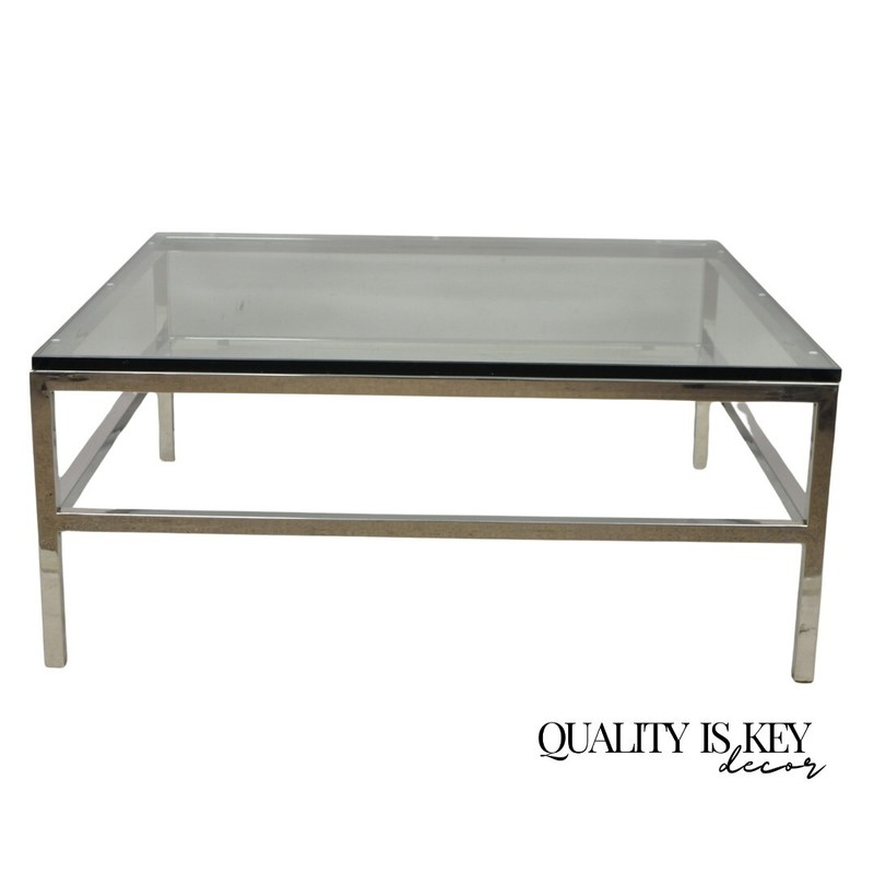 Vtg Mid Century Modern Milo Baughman Style Chrome & Glass Square Coffee Table