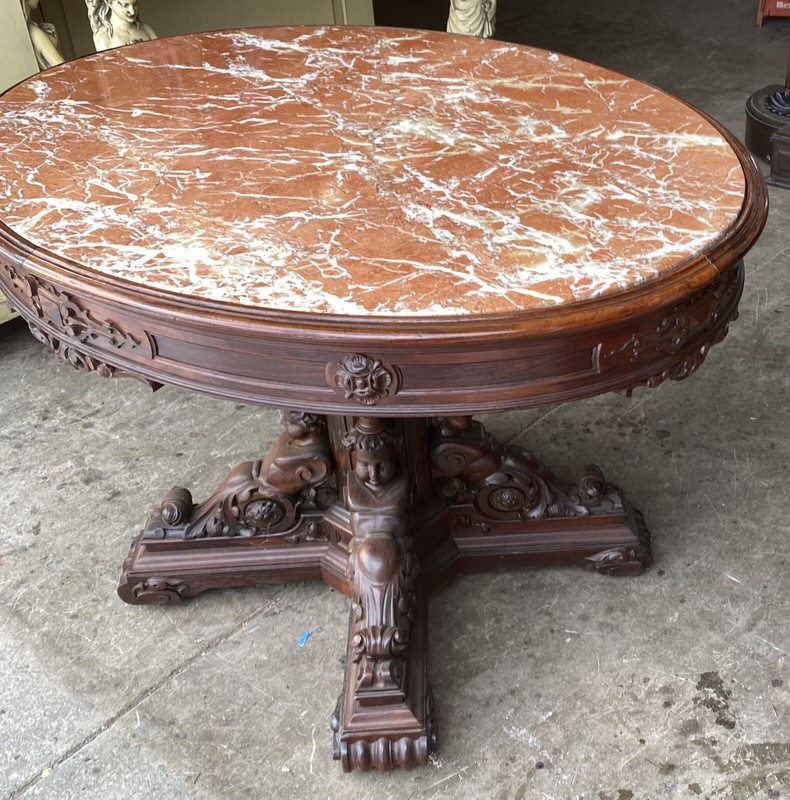 ROSEWOOD FIGURAL MARBLE TOP TABLE gallery