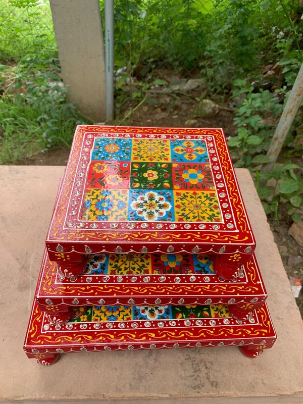 Colourful Hand Embossed Painted Bajot Set Wooden Decorative Chowki Decor Gift gallery