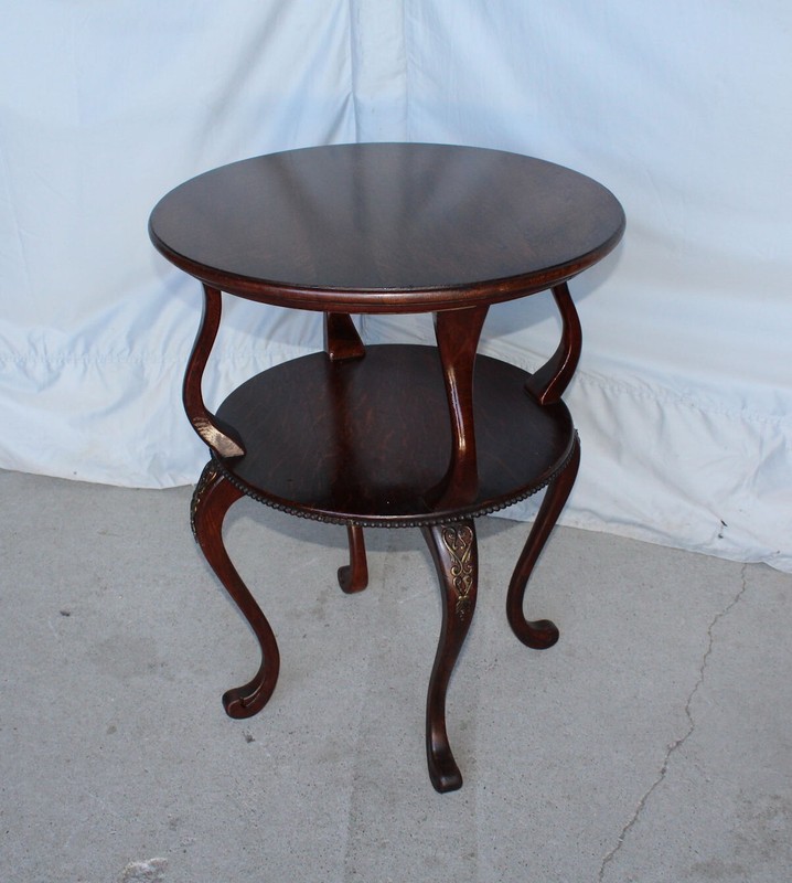 Antique Round Oak Tiered Lamp or Small Table – Beaded with Brass Ormulu