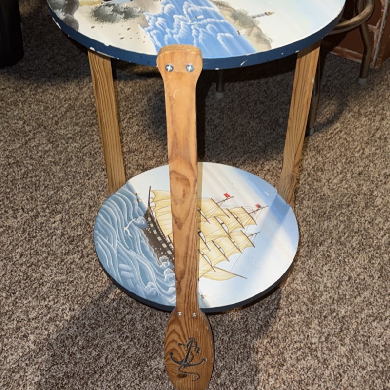 Hand Painted Lighthouse Antique Round Wood Accent Table, 16x16x29 in, Multicolor gallery