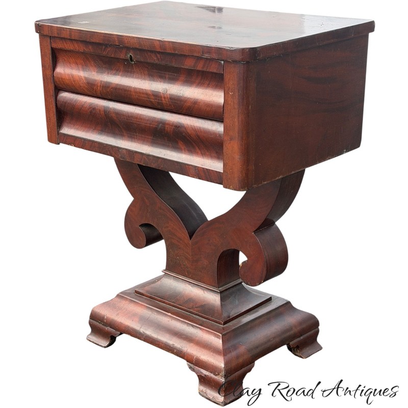 Antique empire table end stand flame mahogany 1840 2 drawer work sewing gallery