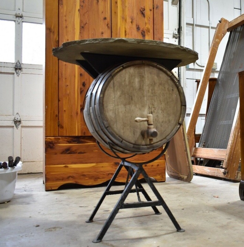 Antique Custom One of a Kind Barrel Pub Table with Stone Top gallery