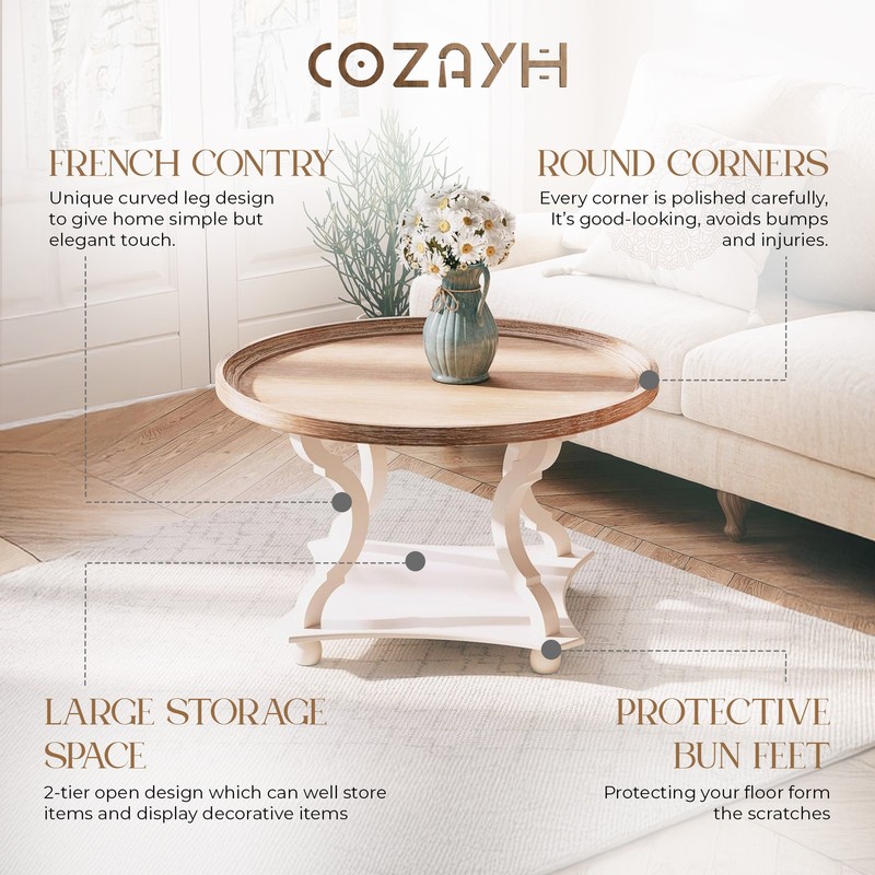 COZAYH Round Rustic Coffee Table Wood Tray Top Accent Centerpiece Storage, White gallery