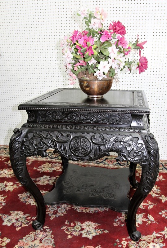 Antique European Highly Carved Victorian Mahogany Side Table W Shelf Circa 1890 gallery