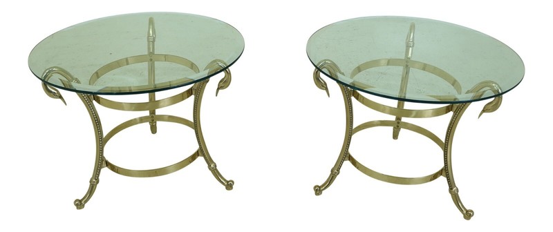 LF32258EC: Pair Brass & Glass Swan Head Occasional Tables