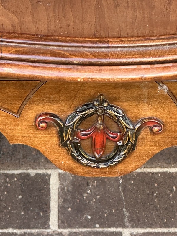 1920s Victorian Revival Carved Wood Side Table Ornate Legs Red Medallion gallery
