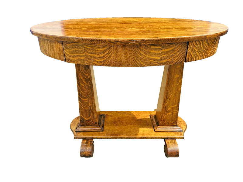 Beautiful Antique Quartersawn Tiger Oak Wood Oval Library Desk Pedestal Table gallery
