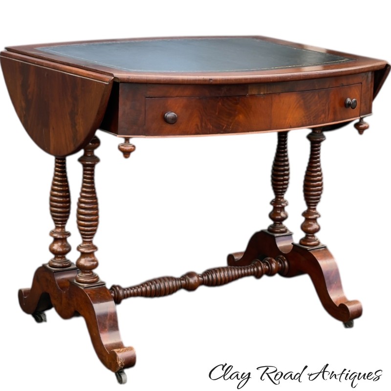 Antique flame mahogany Edwardian leather top sofa table spool victorian 1800s