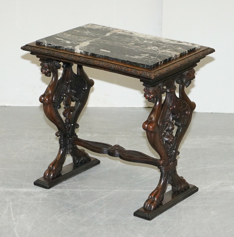 ITALAIN CIRCA 1840 ORNATELY HAND CARVED OAK SIDE TABLE WITH SOLID MARBLE TOP gallery