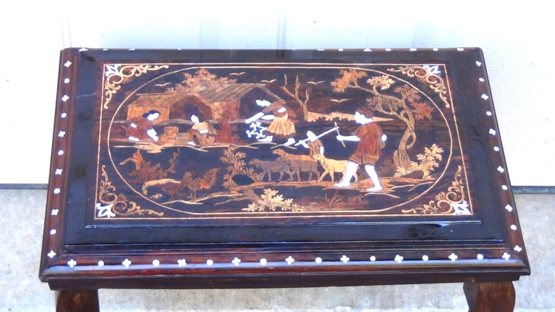 ANTIQUE 19c INDIA MAHOGANY WOOD INLAY COFFEE TABLE gallery