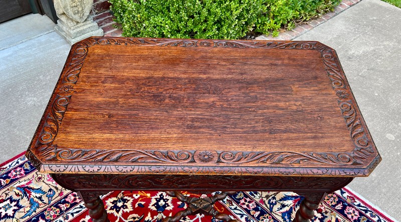 Antique French Parlor Table BARLEY TWIST Renaissance Revival CHERUBS Oak 19thC gallery