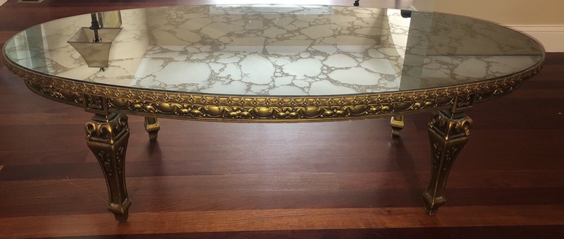 Antique Coffee Table Carved Gold Wood Marbled Mirror Top Oval 52” L PICKUP ONLY