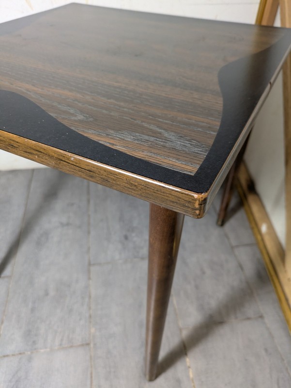 Vintage Mid Century Modern Formica Table Bowtie Top Tapered Legs Walnut D53 gallery
