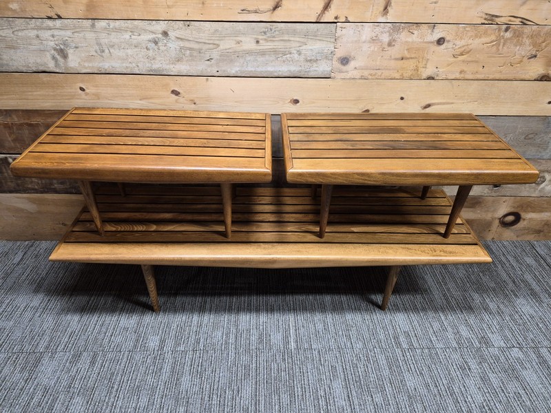 3 pc. YUGOSLAVIA Mid Century Modern Walnut Wood Slat Top Coffee Table Danish