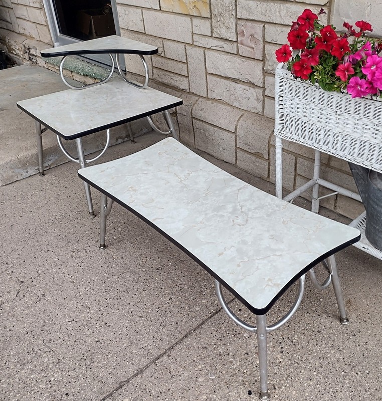 Vintage Atomic MCM Swedish Formica & Chrome Coffee & 2 Tier Step End Table Set gallery