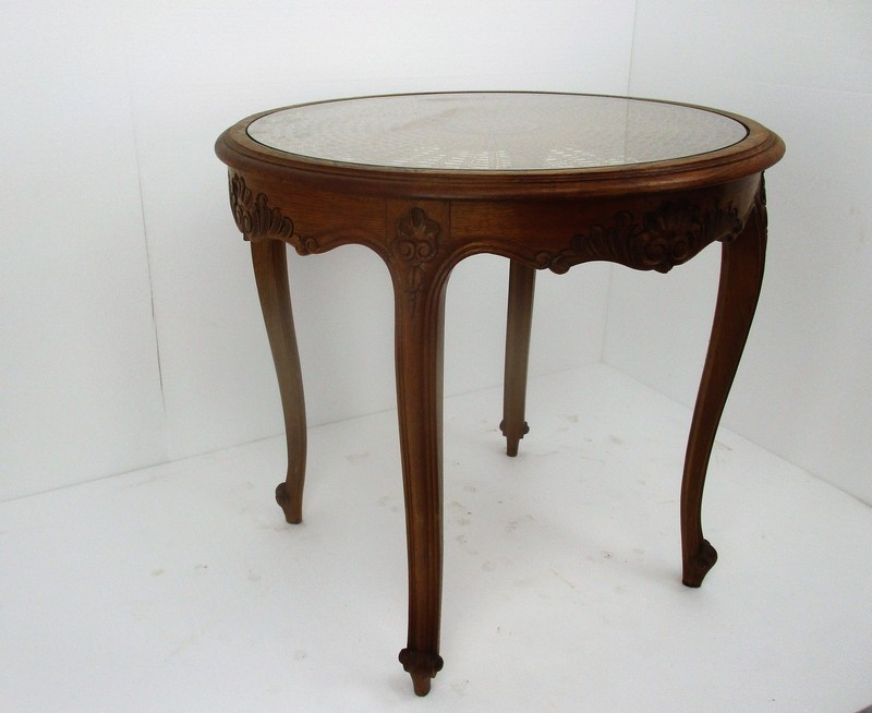 RESERVED ADA Vintage Round Hand Carved Wooden Oak Rattan Coffee Side Table Louis gallery