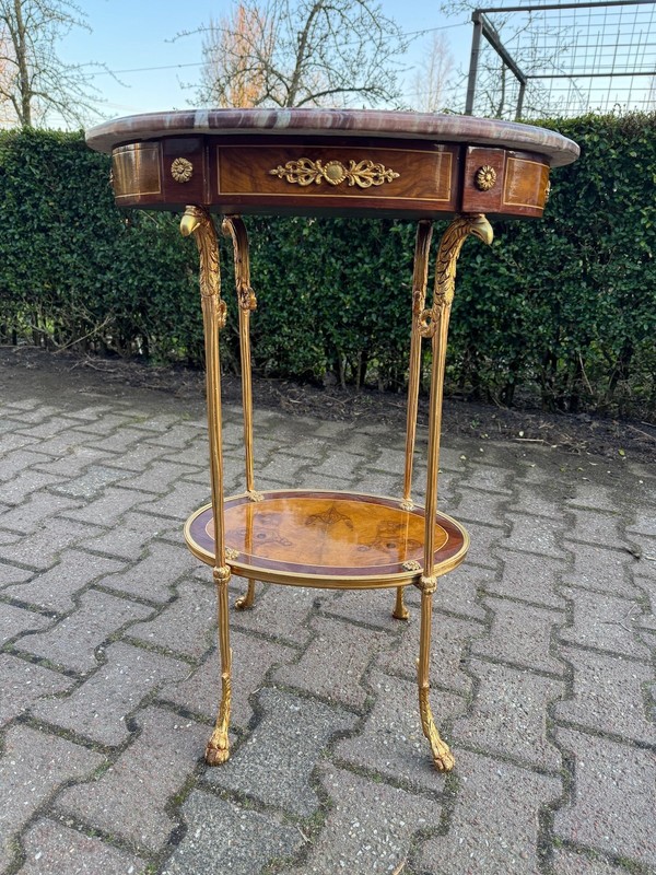 Tables French Louis XVI Mahogany Bronze Marble Oval Side Pair 1980 gallery
