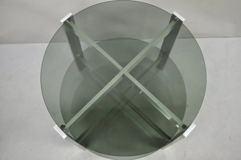 Vintage Mid Century Modern Round Smoked Glass 2 Tier Aluminum Base Side Table gallery