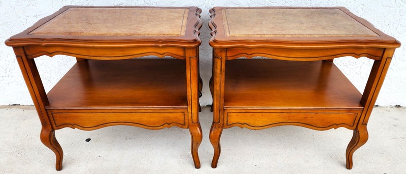 Vintage French Side Tables Walnut Leather Top by HAMMARY gallery