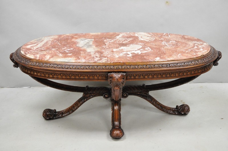 Antique Grosfeld House French Regency Plume Carved Mahogany Marble Coffee Table gallery