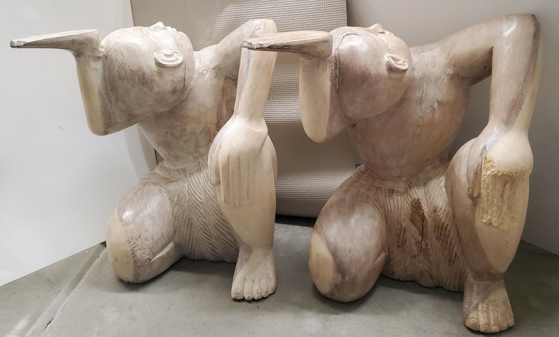 Vintage ORIENTAL Figural SOLID Wood Carved Seating MAN Statue Coffee Side Table gallery