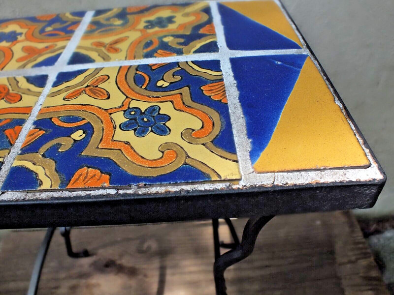 C1929 Hispano Moresque Spanish Revival Tile Top Table with Wrought Iron Base gallery