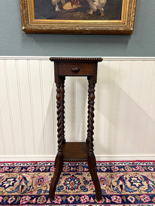 Antique English 4-Post Barley Twist Pedestal Plant Stand Jacobean Oak 39.5" Tall gallery